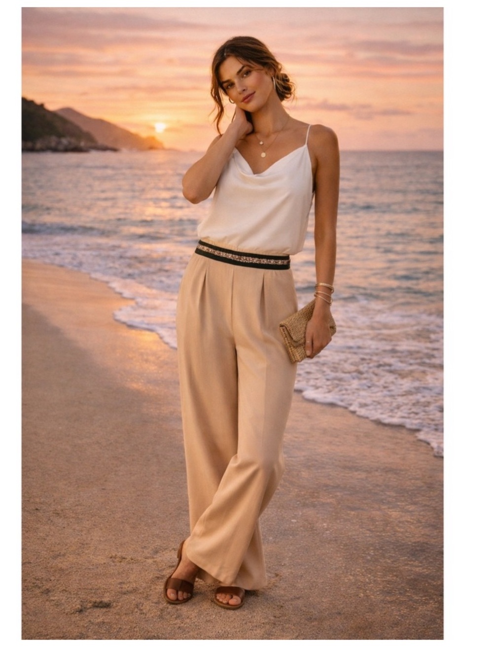 Wide-Leg Trousers with Decorative Waistband - Beige - Picture 4 of 4